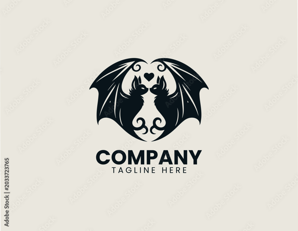 Fototapeta premium Romantic bat pair forming heart black vector illustration