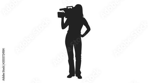 Bild auf Leinwand Silhouette of a female videographer holding a camera on a white background