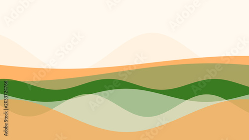 Abstract landscape with flowing green and orange waves creating a serene and modern design.