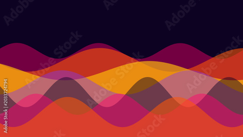 Abstract colorful waveforms flowing dynamically in dark background, digital graphic art, modern design, vibrant layered curves, artistic visual concept