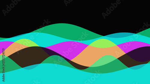 Vibrant abstract waves creating a dynamic and colorful layered pattern against a dark background.