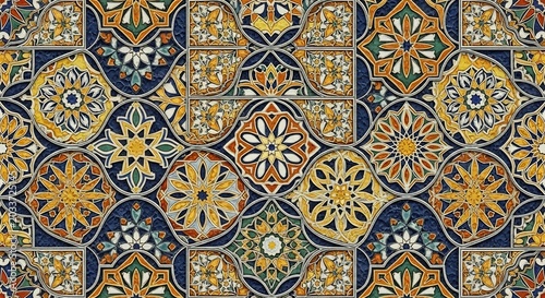 Intricate Geometric Moroccan Tile Pattern with Vibrant Yellow and Blue Hues.