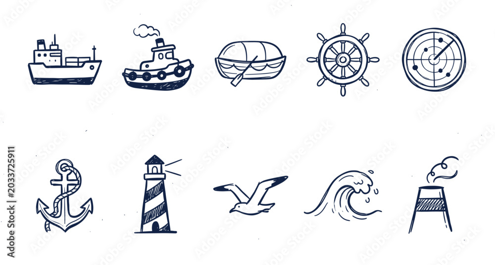 Fototapeta premium Collection of hand-drawn nautical themed icons including ships, a boat, a lighthouse, and a steering wheel, isolated on a white background