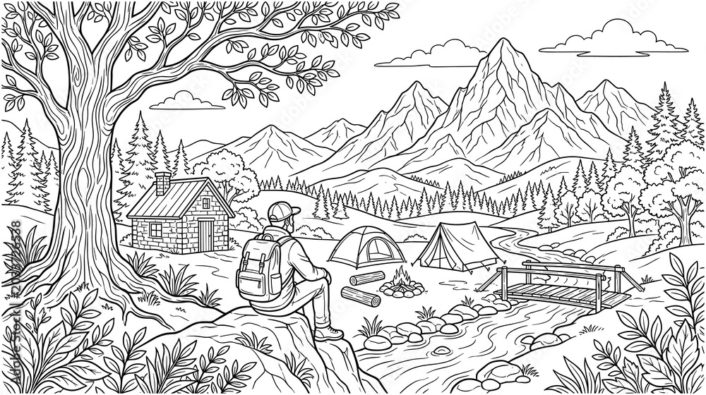 Fototapeta premium Man camping in mountains with tent, campfire, cabin, river, and trees.
