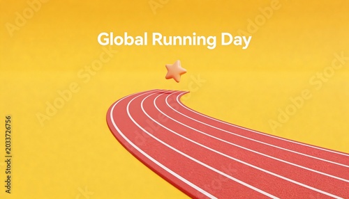 Global Running Day concept with red athletic track and orange star. 3D render on yellow background for fitness motivation and achievement. Minimalist illustration for sports and wellness