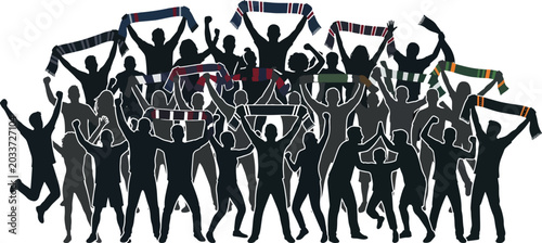 Quadro su tela cheering sports fans silhouette crowd holding scarves in stadium celebration vec