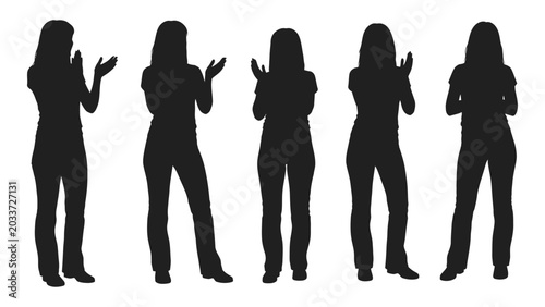 Quadro su tela Female silhouettes in clapping poses black shapes against a white background app