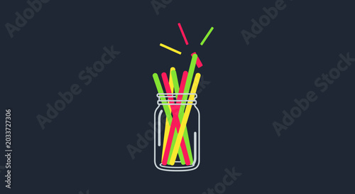 Colorful glow sticks inside a glass jar illustration.
