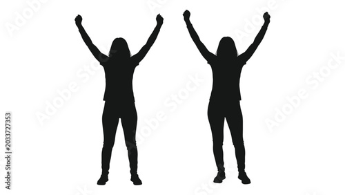 Fotografía Silhouettes of two people with arms raised black shapes on a white background