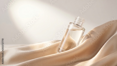 Clear glass cosmetic bottle nestled in elegant beige silk fabric folds with soft lighting