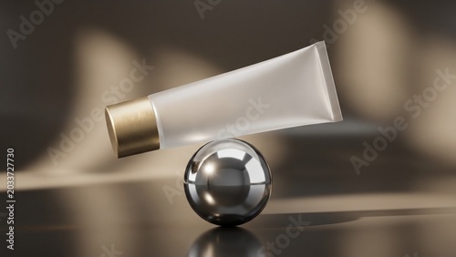 Cosmetic tube mockup balancing perfectly on top of a metallic sphere modern product display