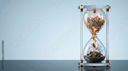 Hourglass with burning US dollar bills turning into ashes, representing time is money and financial loss concept.