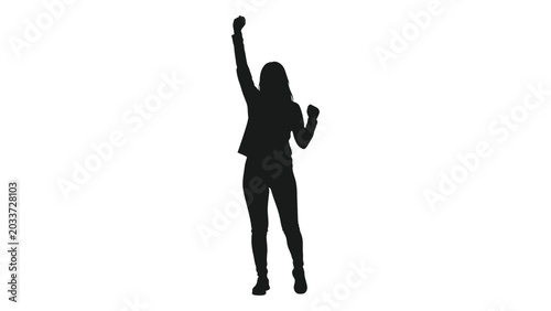 Obraz na plátně Woman raising arm in celebration black silhouette on white background figure fem