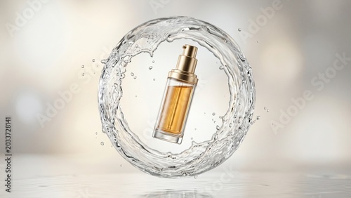 Premium gold cosmetic pump bottle flying inside a splash ring of clear dynamic water
