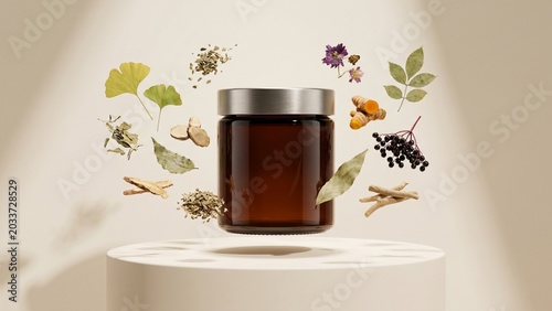 Amber Cosmetic Glass Jar Levitating with Floating Natural Herbal Ingredients