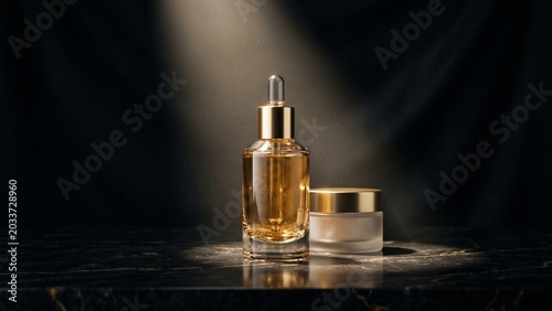 Premium Cosmetic Serum Bottle and Cream Jar Under Dramatic Spotlight