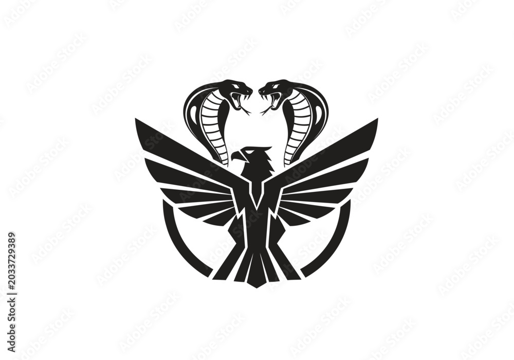 Fototapeta premium Eagle and cobra emblem bold black and white illustration on white background