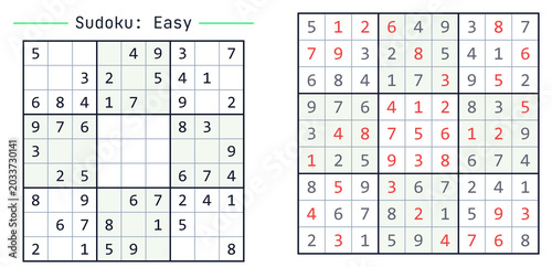 Sudoku puzzle grid easy level with numbers filled in and completed solutions  