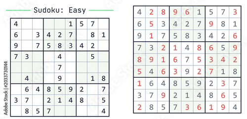 Sudoku game with easy level grid and completed puzzle solution  