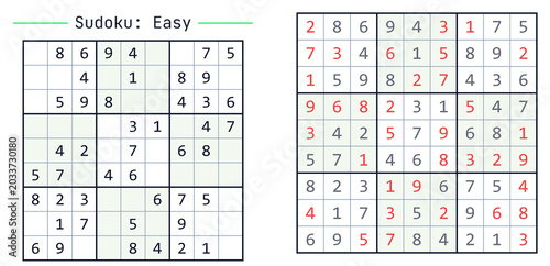 Easy Sudoku puzzle examples with numbers and solutions displayed  