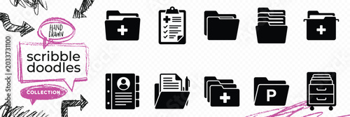 Photos Black solid silhouette doodle vector set of medical records health history folde