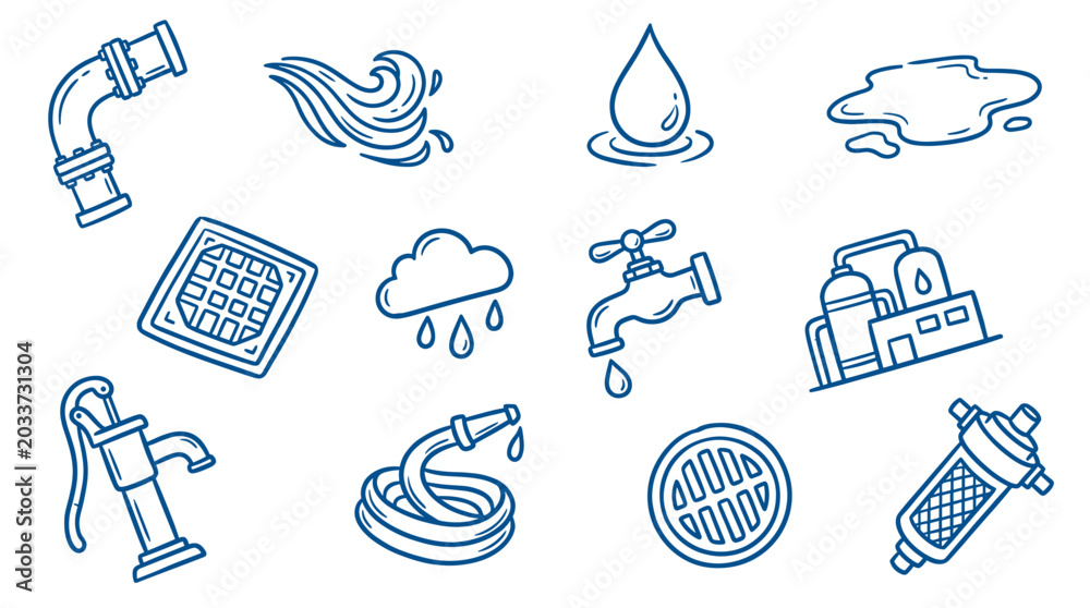 Fototapeta premium Collection of blue outline water and plumbing icons on a clean white background, representing various aspects of water usage and infrastructure