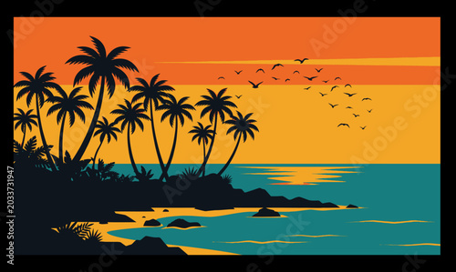 Tropical sunset landscape vector illustration with palm trees silhouette and flying birds over ocean waves
