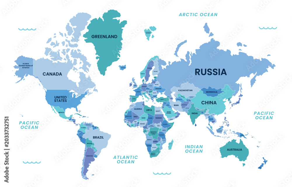 Fototapeta premium World map with countries labeled flat vector illustration for global business