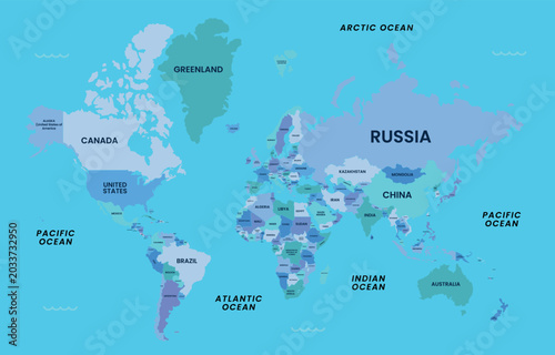Colorful world map with countries labeled flat vector illustration for global