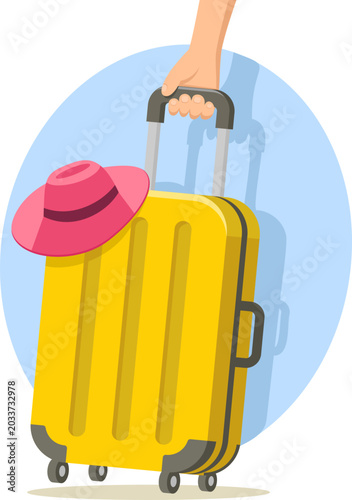 Yellow suitcase with a hat pulled by a woman s hand on a white background. Travel suitcase