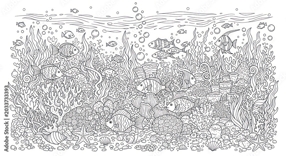 Obraz premium Underwater scene with fish and seaweed illustration.
