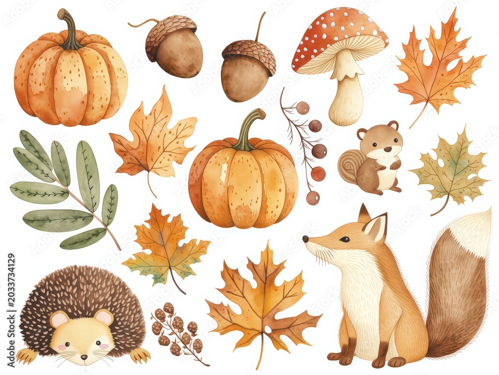 Obraz premium 秋の動物と植物のイラスト
