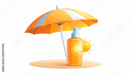 Essential summer sun protection illustration, featuring a colorful beach umbrella providing shade next to a sunscreen bottle, symbolizing safe outdoor activities and healthy skin care