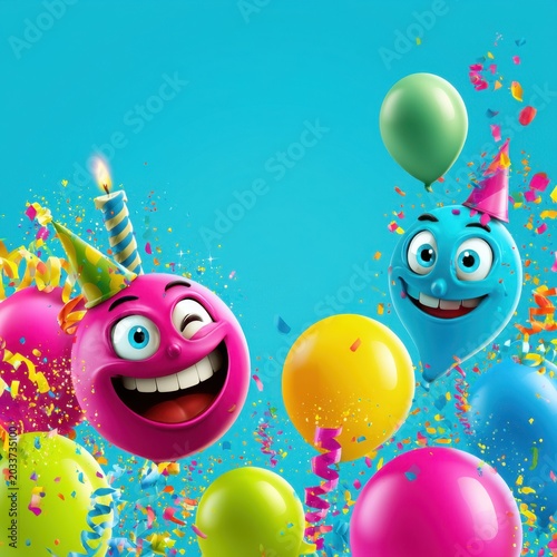 Whimsical birthday celebration with colorful balloons and cheerful characters in a fun atmosphere