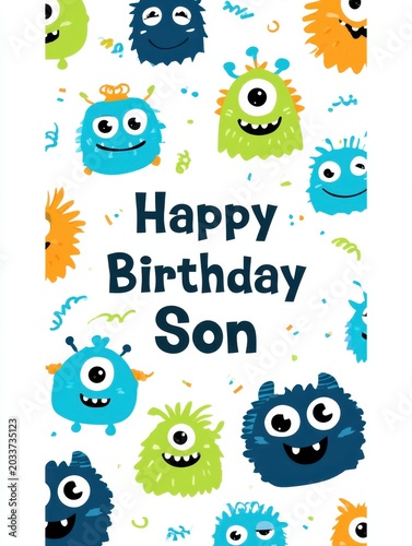 Colorful monsters celebrate with joy in a cheerful birthday card design for your son