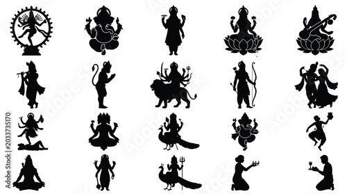 Collection of hindu mythological character silhouettes for creative design work.