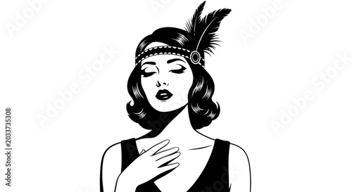 Vintage flapper woman, black and white illustration, feather headband, 1920s style icon, elegant female portrait, monochrome vector graphic
