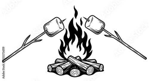 Camping, outdoor, fire pit, marshmallow toasting, vector illustration, black and white, campfire, s'mores, wood logs, flames, sticks