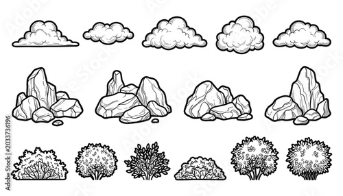 Set of stylized clouds rocks and bushes fine line art vector graphic elements for landscape design transparent.