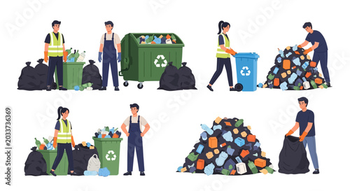 Waste management, recycling, garbage collection, sanitation workers, eco friendly, vector icons, 6 illustrations