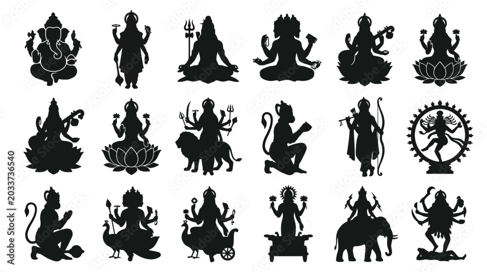 Fototapeta premium Black silhouette collection featuring various divine hindu mythological figures.
