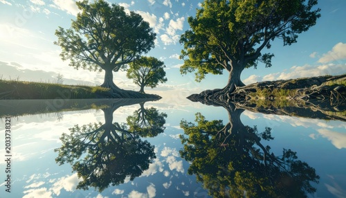 Majestic Green Trees Reflected in Calm Lakeside Landscape Under Blue Sky