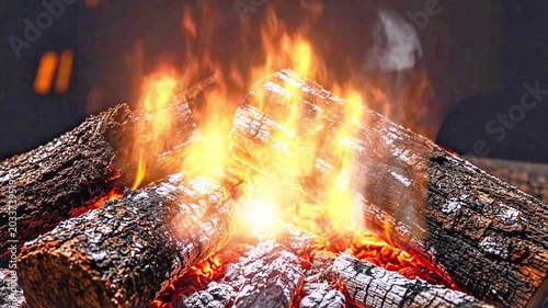 Burning Firewood With Smoke and Glowing Embers Isolated on Dark Background
