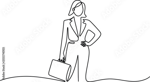 Tableau sur toile Businesswoman holding briefcase and standing confidently continuous line art self assured businesswoman briefcase confident