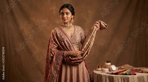 Beautiful Indian woman in traditional lehenga showcasing rich ethnic fabrics and cosmetics