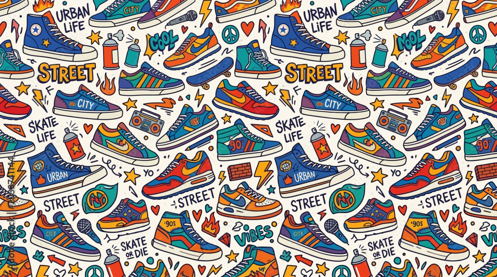 Fototapeta premium Modern sneaker seamless pattern, street fashion shoes and urban doodles, colorful flat vector design