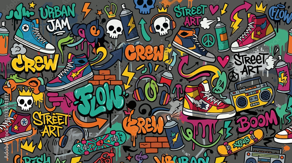 Obraz premium Flat vector urban graffiti seamless pattern, spray paint doodles, sneakers and street symbols, colorful modern illustration