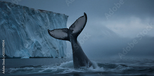 Foto Whale tail fluke splashing water near iceberg with whale watching, wildlife