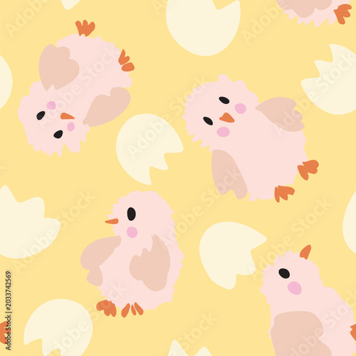Tableau sur toile Cute hatched baby chicks with rosy cheeks and broken egg shells as a hand painted abstract holiday pattern in colors of pink, orange, black and beige on yellow