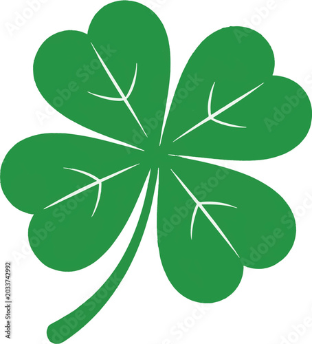Green four leaf clover vector illustration, lucky shamrock symbol for Saint Patricks Day, isolated emerald foliage icon for luck and fortune